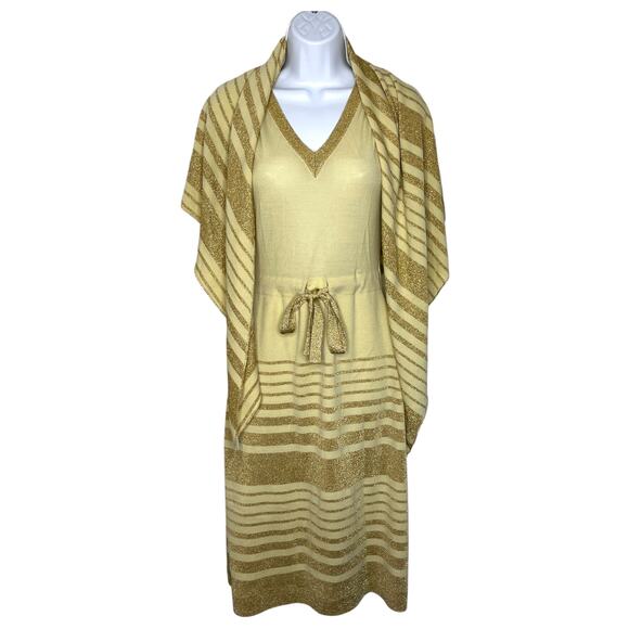 VTG Crissa Shawl V-Neck Midi Dress Set Wool Metallic Gold Italy XS/S Old Money - Picture 1 of 10